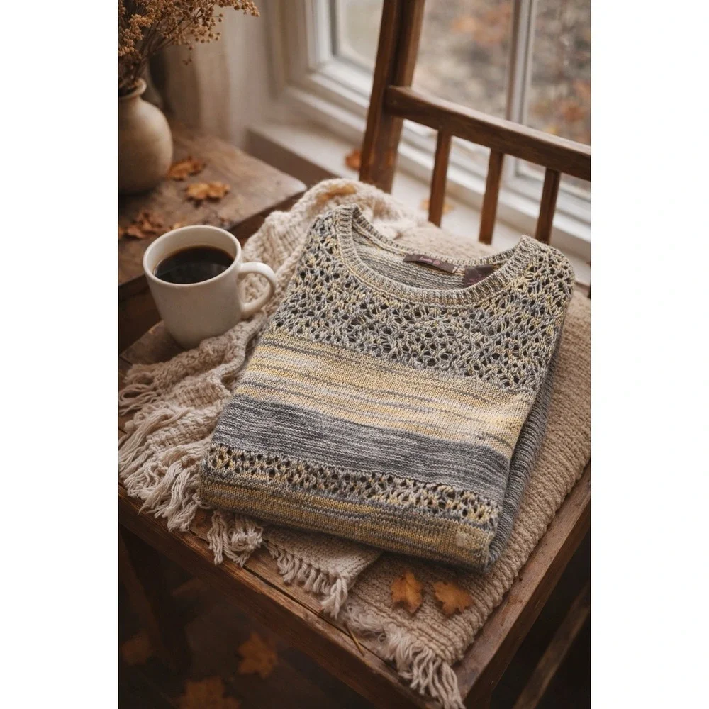 Heather B Marled Cotton Open Knit Sweater XS Gray Mustard Boho Textured Pullover